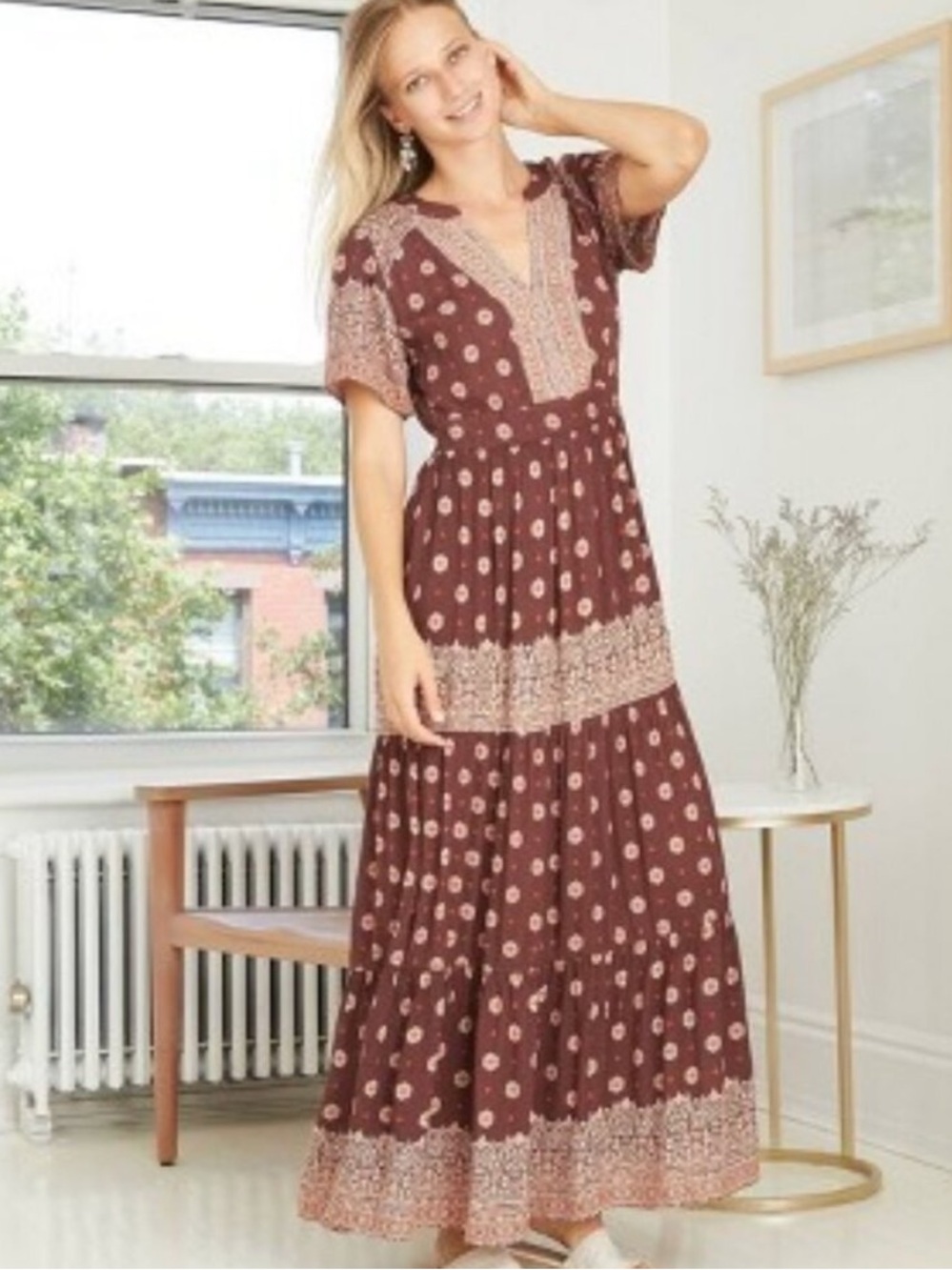 KNOX ROSE Bohemian Cottagecore V-Neck Maxi Dress